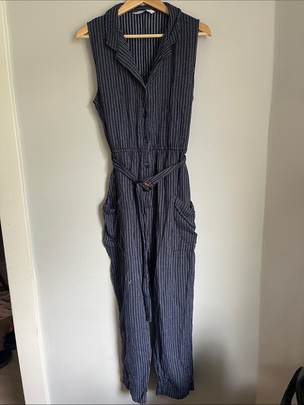 Sleeveless Navy Pinstripe Cotton Jumpsuit with Belt